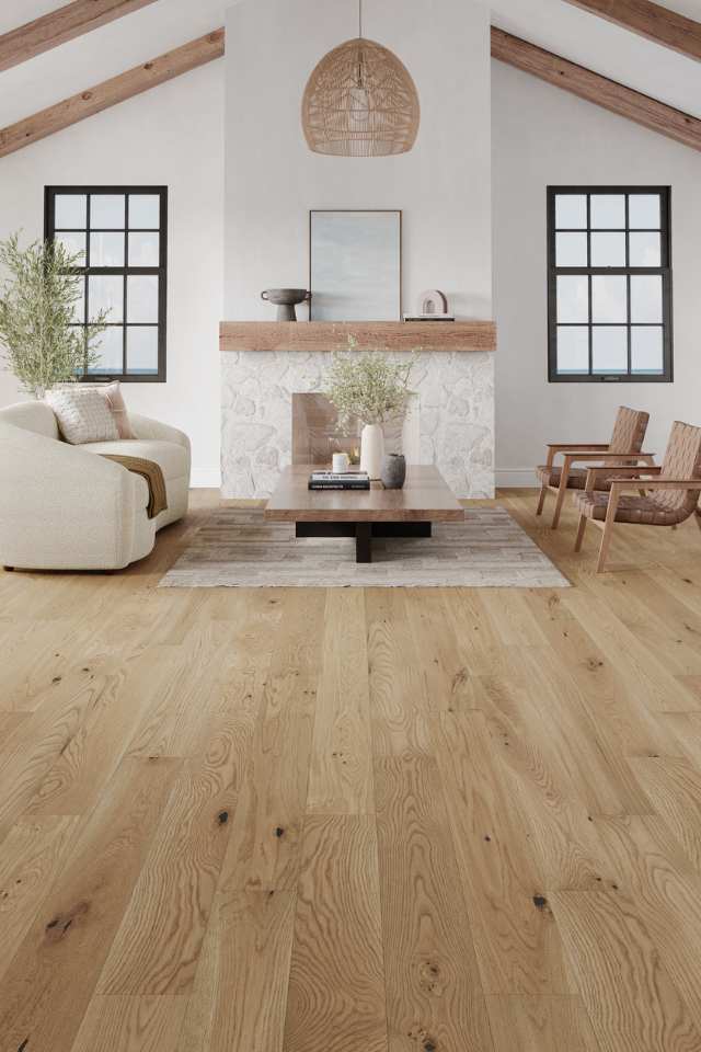 white oak hardwood in Scandinavian style living room with wooden beams, neutral tones and greenery